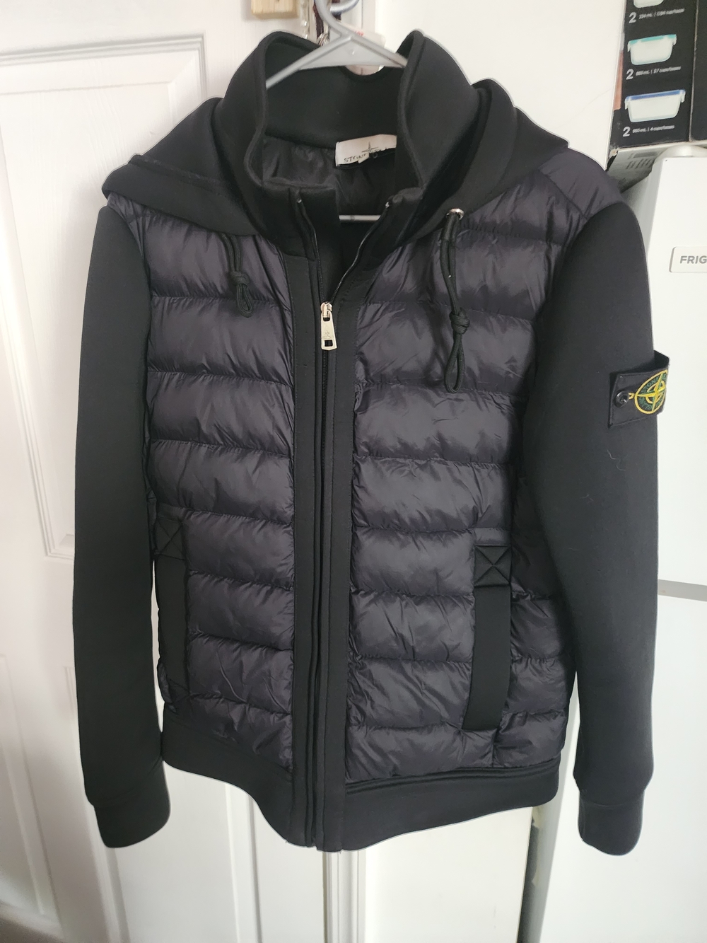 Black Quilted Hooded Puffer Jacket with Neoprene Sleeves